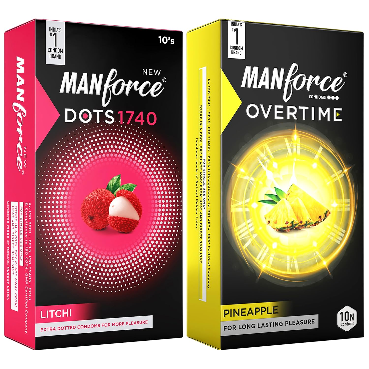 MANFORCE Extra Dotted Litchi Flavoured Condoms - 10 Pieces & Overtime Pineapple 3in1 (Ribbed Contour Dotted) Condoms - 10 Pieces Condom (Set of 2 20 Sheets) view 2