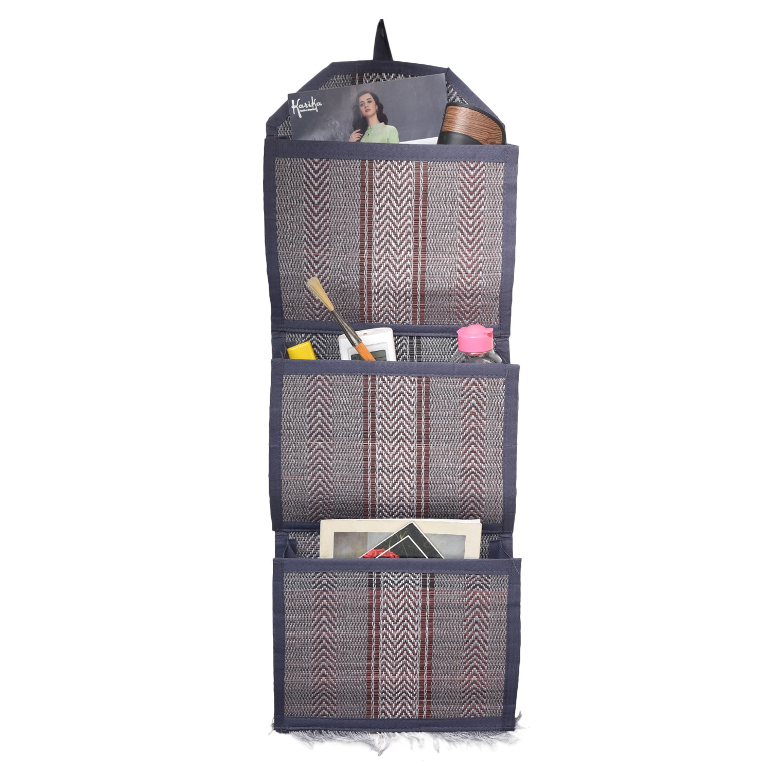 Handloom Cotton Wall Pocket Organizer - Stylish Grey Storage Solution for Home & Office view 2