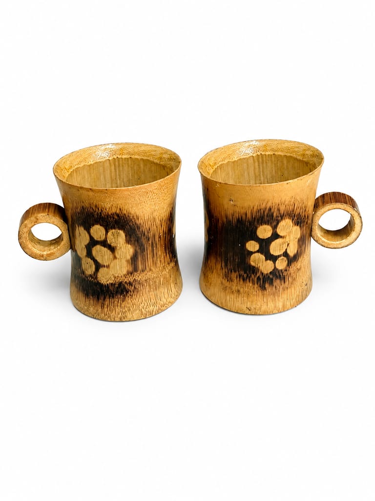 Handcrafted Tea Cups Set, Brown with Floral Pattern, Natural Wood Finish, Thin Edges,Coffee/Tea Cups, 150 ML Traditional Bamboo Cup Design, 2 Pieces ( 8 cm x 6.5 cm)