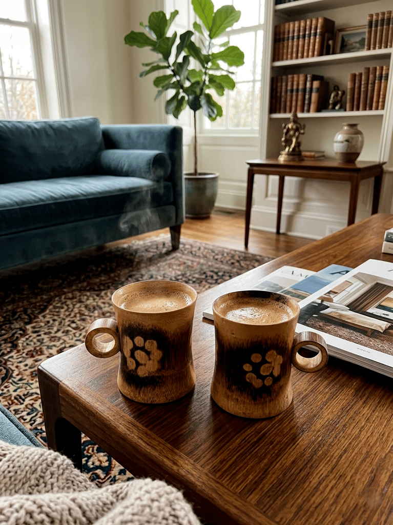Handcrafted Tea Cups Set, Brown with Floral Pattern, Natural Wood Finish, Thin Edges,Coffee/Tea Cups, 150 ML Traditional Bamboo Cup Design, 2 Pieces ( 8 cm x 6.5 cm) view 2