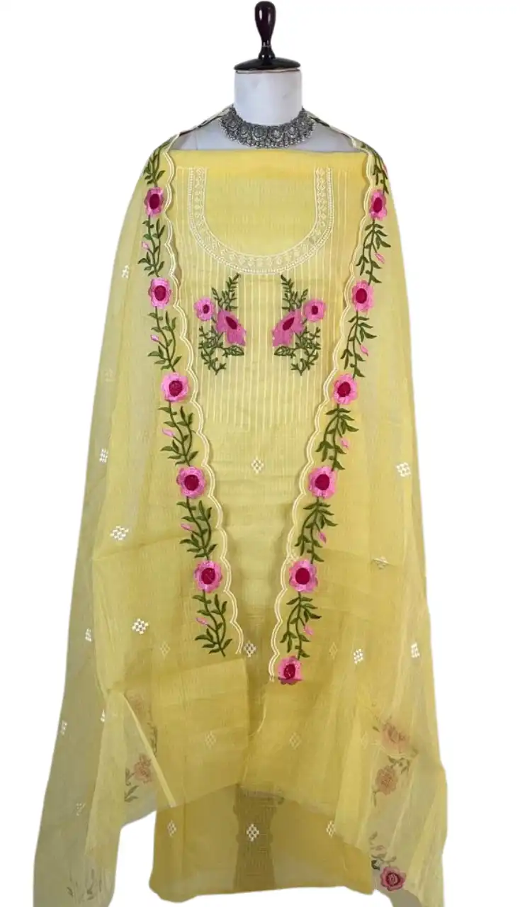 Kota Doria Dress Material Lemon Yellow Floral Yoke view 2
