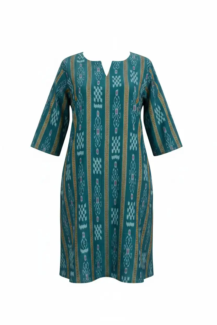 Sambalpuri Ikat Floral Peacock Teal-Odisha Handloom Kurti
