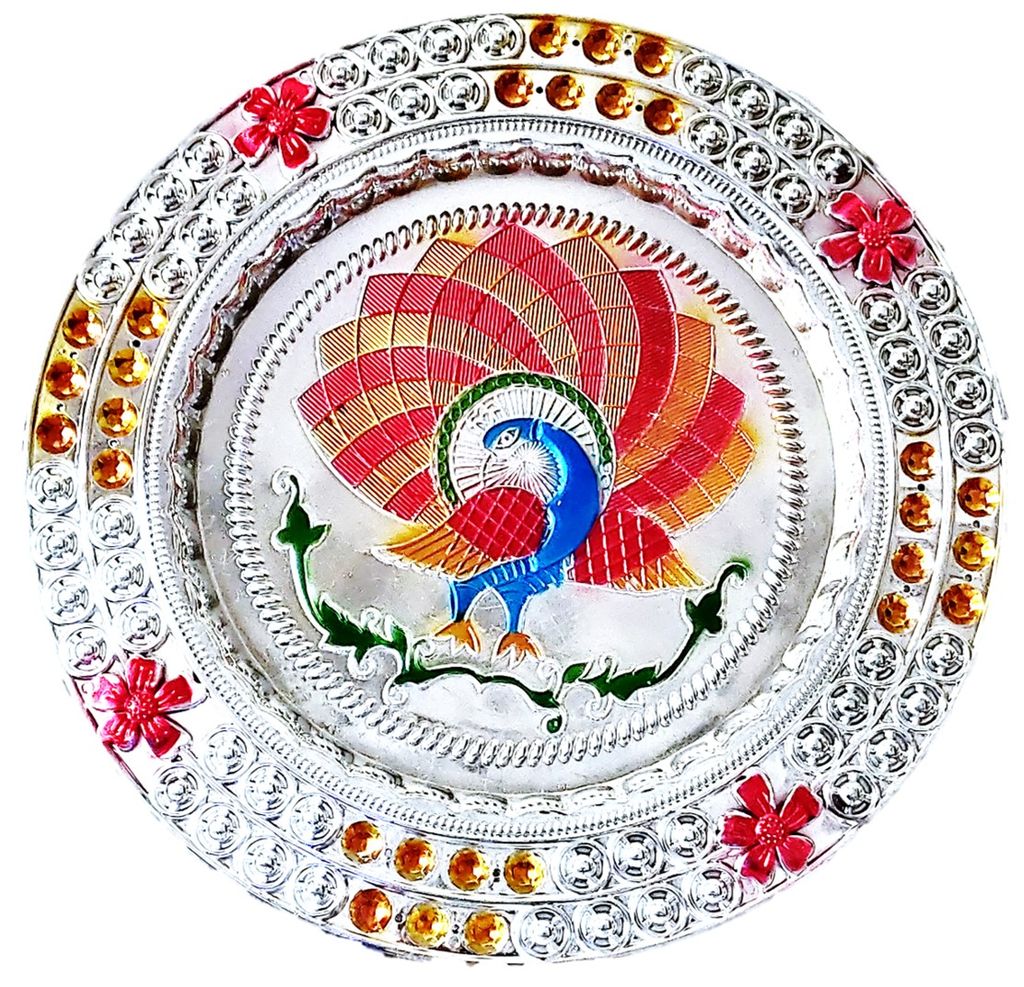 Omkar by R3 Inc. Multicolor Silver Gift Plate with Shagun Potli for Gifts Hampers | Fancy Hamper| Wedding Basket / Pouch for gift Packing (Pack of 3) view 2