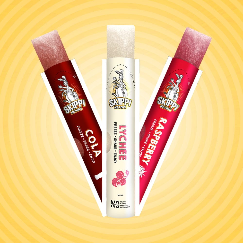 Yellow box of Cola, Lychee, Raspberry Flavor small pack of 12 Skippi Natural Ice Pops of 32 ml 4 sets of 3 flavors view 2