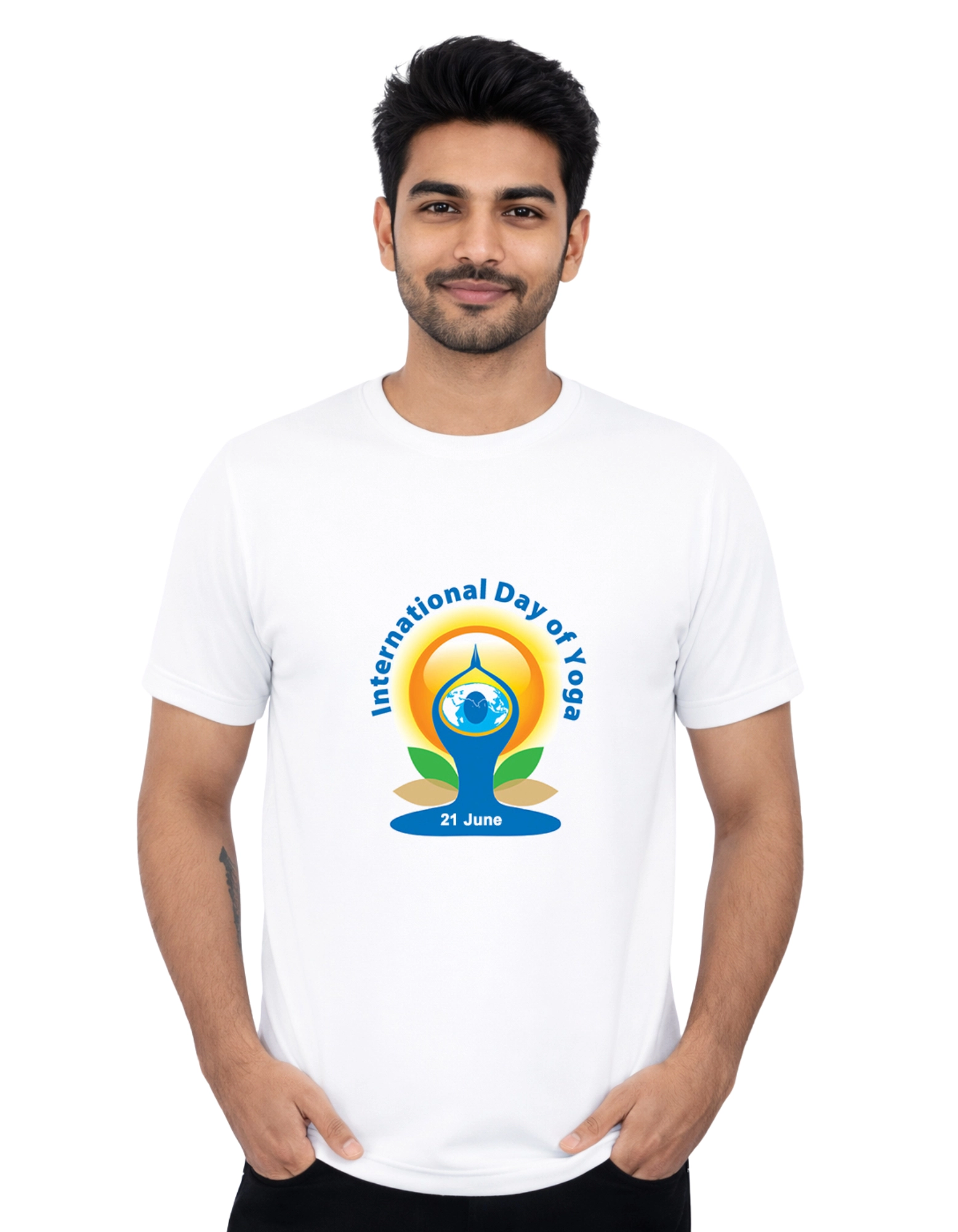 International Yoga Day 21 June Polyester Round Neck T-Shirt 140 GSM White