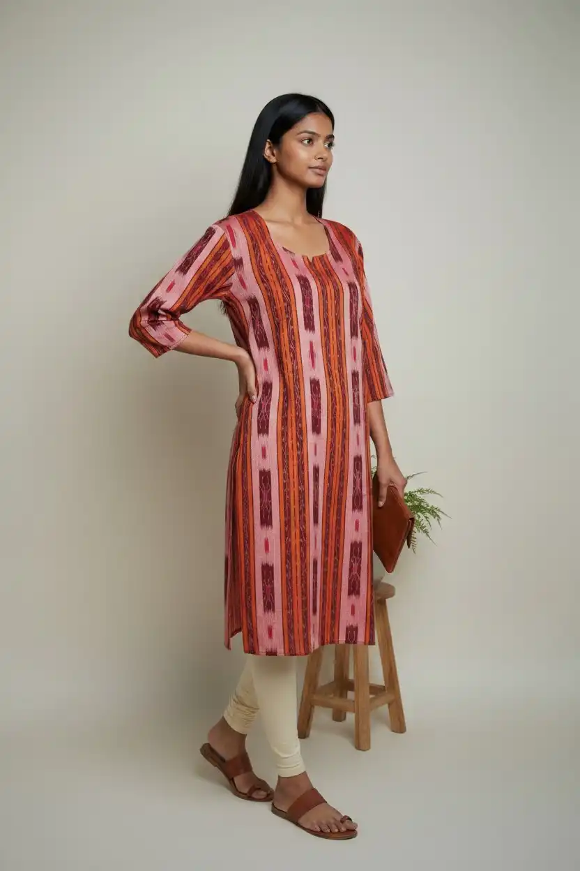 Sambalpuri Ikat Maroon Orange Cotton Kurti view 2