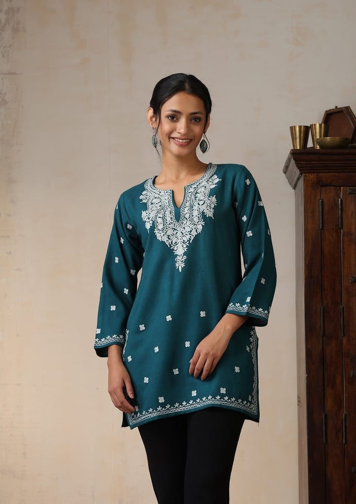 HOC Crafts Aari Embroidered Woollen Solid Women's Short Kurta - Teal view 2