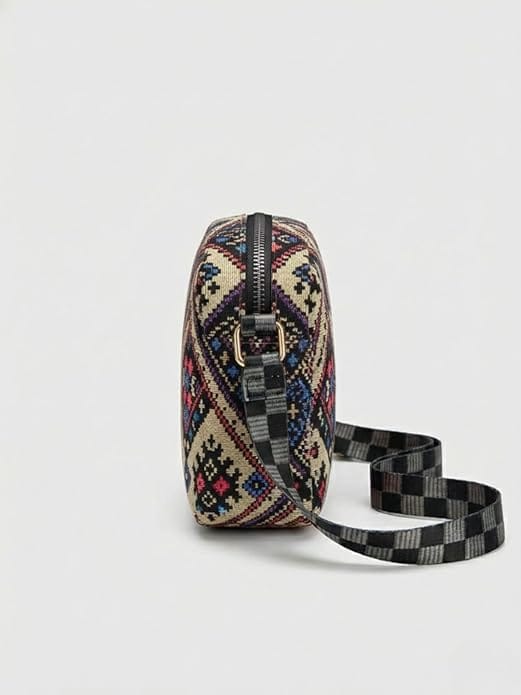 Women's Ethnic Jute Sling Bag with Adjustable Checkered Strap view 2
