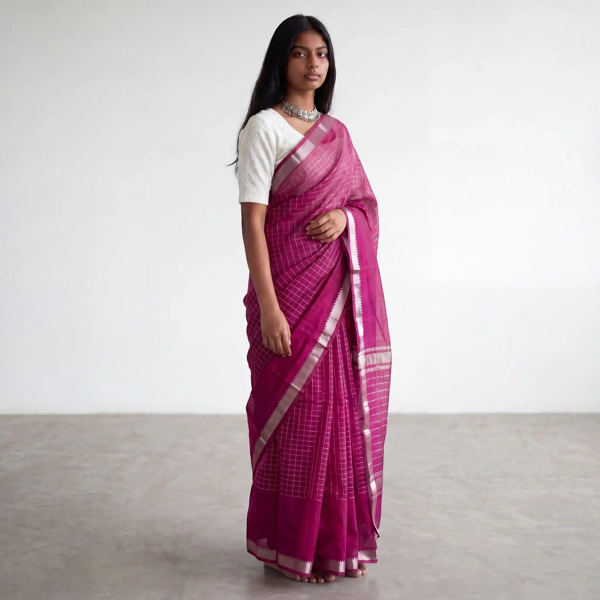 Mangalgiri Zari Checks Magenta-Andhra Silk Saree view 2