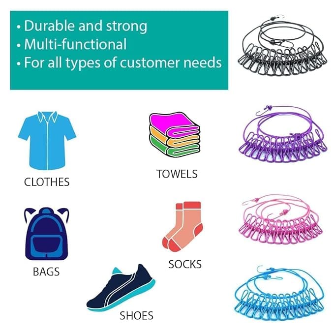 Cloth Line Clip Dori with Hooks | Stretchable Travel Clothes Drying Rope with 12 Clips | Durable Portable Laundry Line for Home, Camping & Outdoor Use view 2