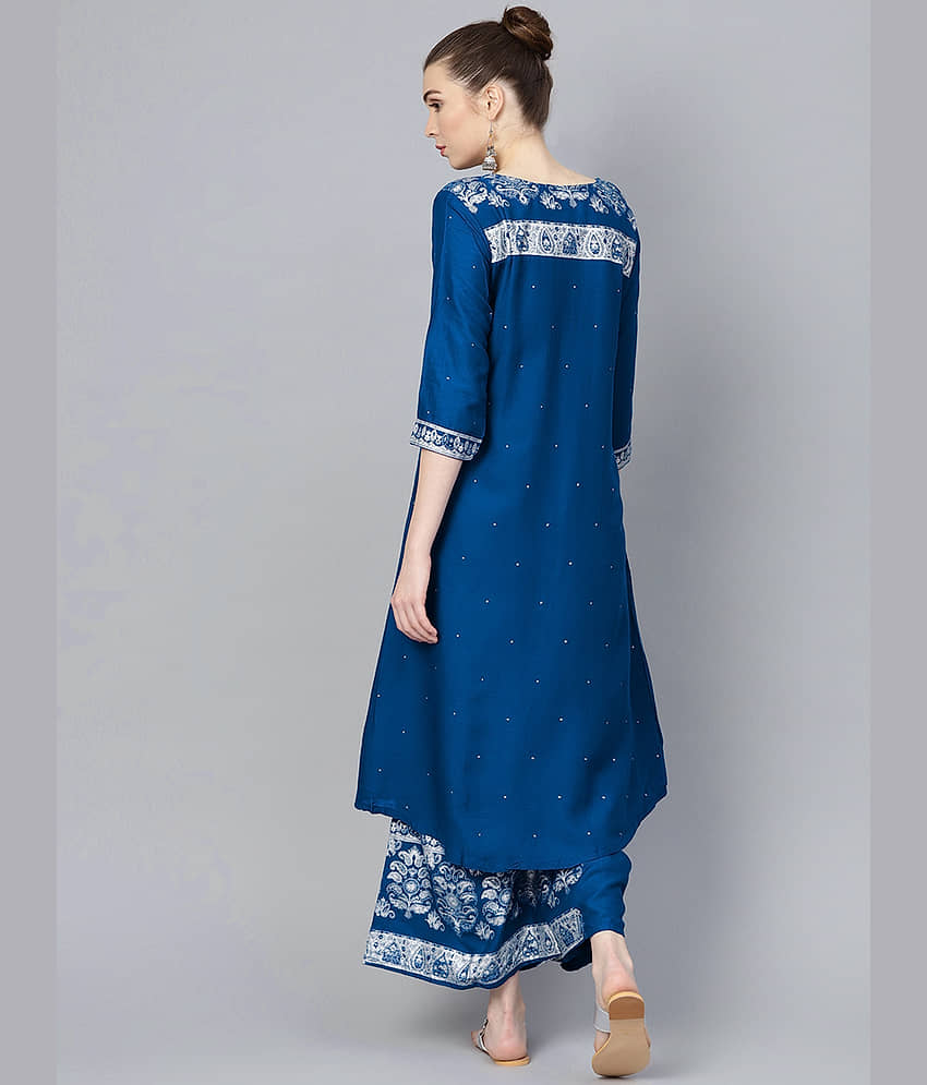 Ishin Rayon Embroidered Ethnic Top With Pants Women's Stitched Salwar Suit - Blue ( Pack of 1 ) view 2