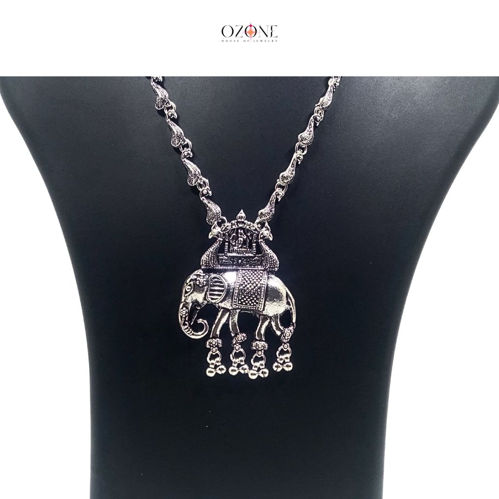 Ozone Luxury Handcrafted Long Oxidized Necklace Jewellery Set with Earrings And Mangtika with Elephant Pendant view 2