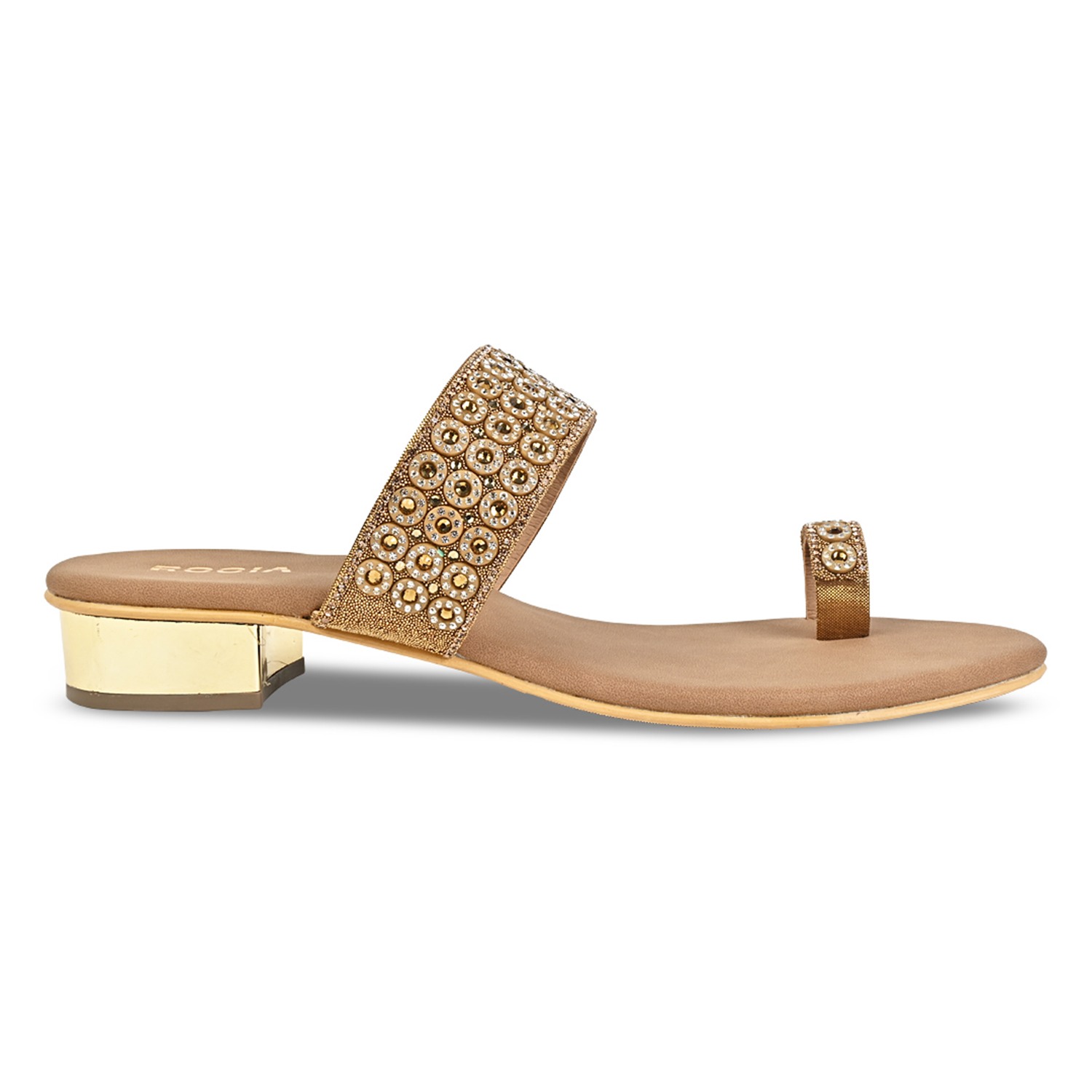 Antique Gold Women Diamond Embellished Box Heel Sandals view 2