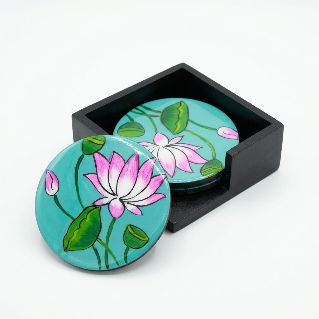 Hand Painted Wooden Single Lotus Pichwai Art Round Shape Sky Blue Color Set of 4 Coasters With Resin Layer view 2