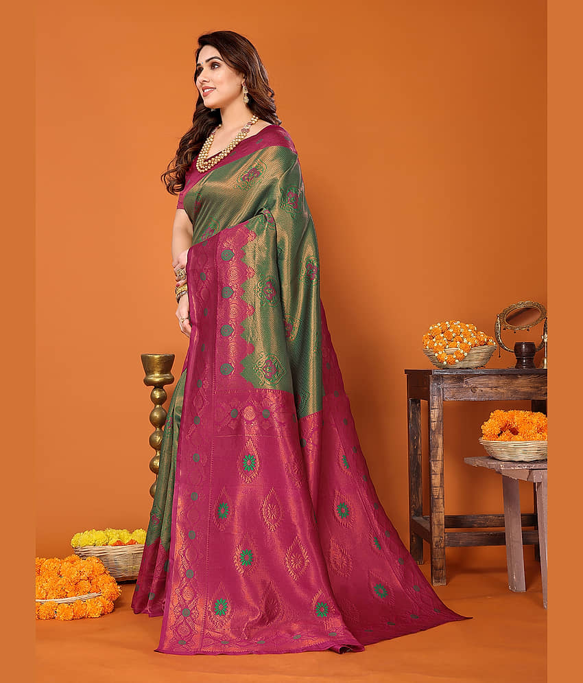 BLEESBURY Kanjivaram Woven Saree With Unstitched Blouse Piece ( Teal ) view 2