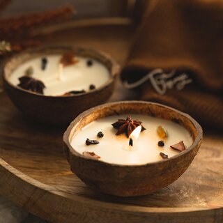 Coconut Shell Spice Candle/Diya Eco-Friendly Scented Soy Wax Candles for Diwali Festives - Wooden (Set of 2) view 2