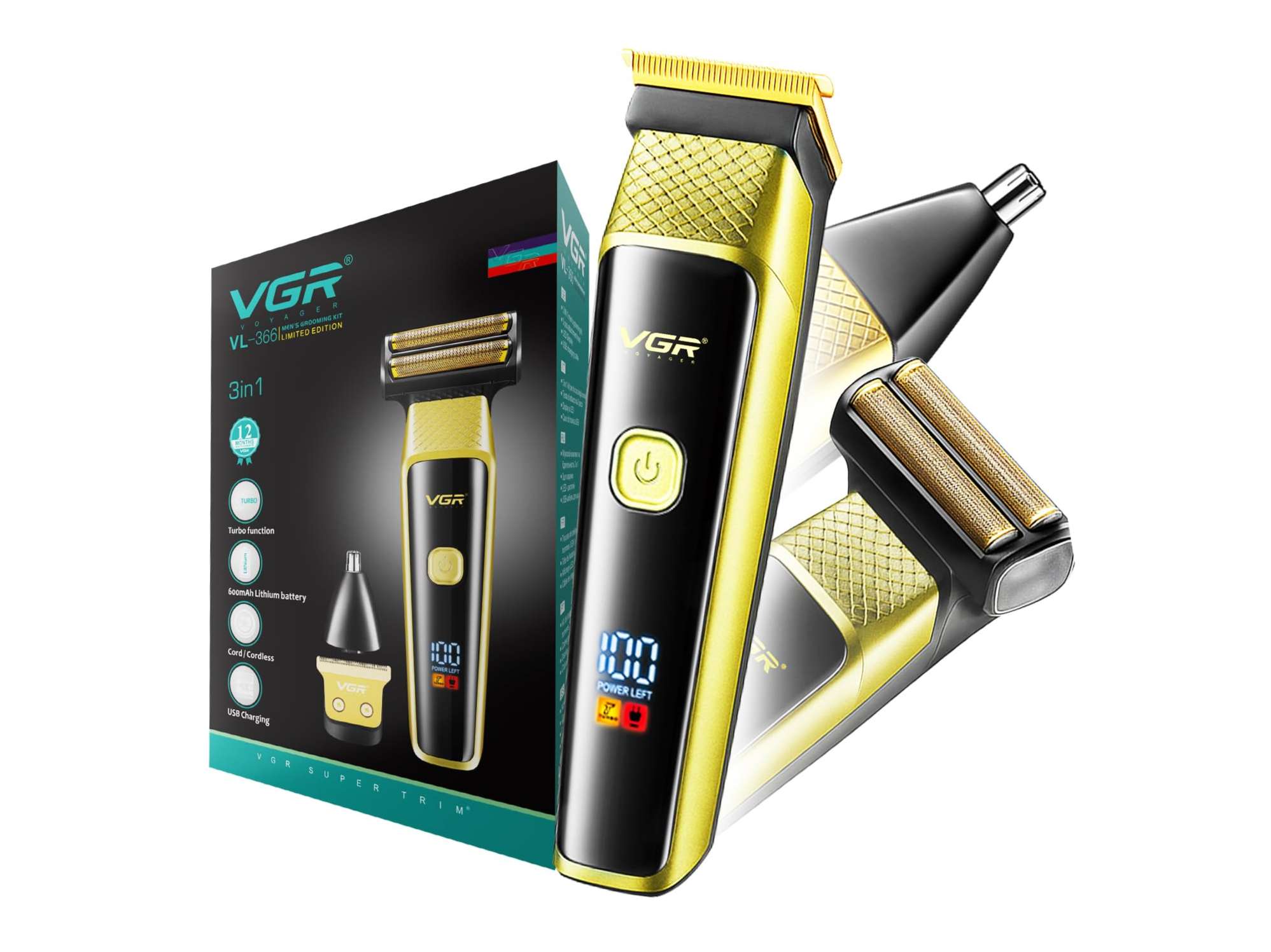 VGR VL-366 Limited Edition Professional 3 in 1 Grooming Kit, Trimmer for Men Trimmer 90 min Runtime 6 Length Settings (Gold) view 2