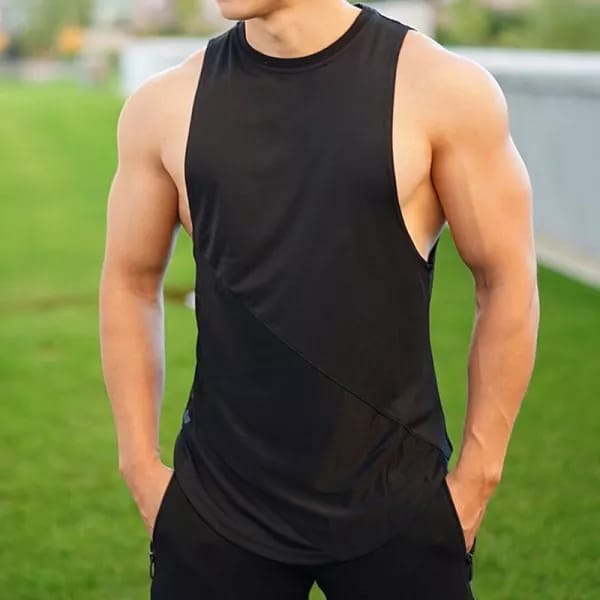Stylish Hot Button Deep Cut Sleeveless Solid Black Round Neck Tank Top for Men view 2