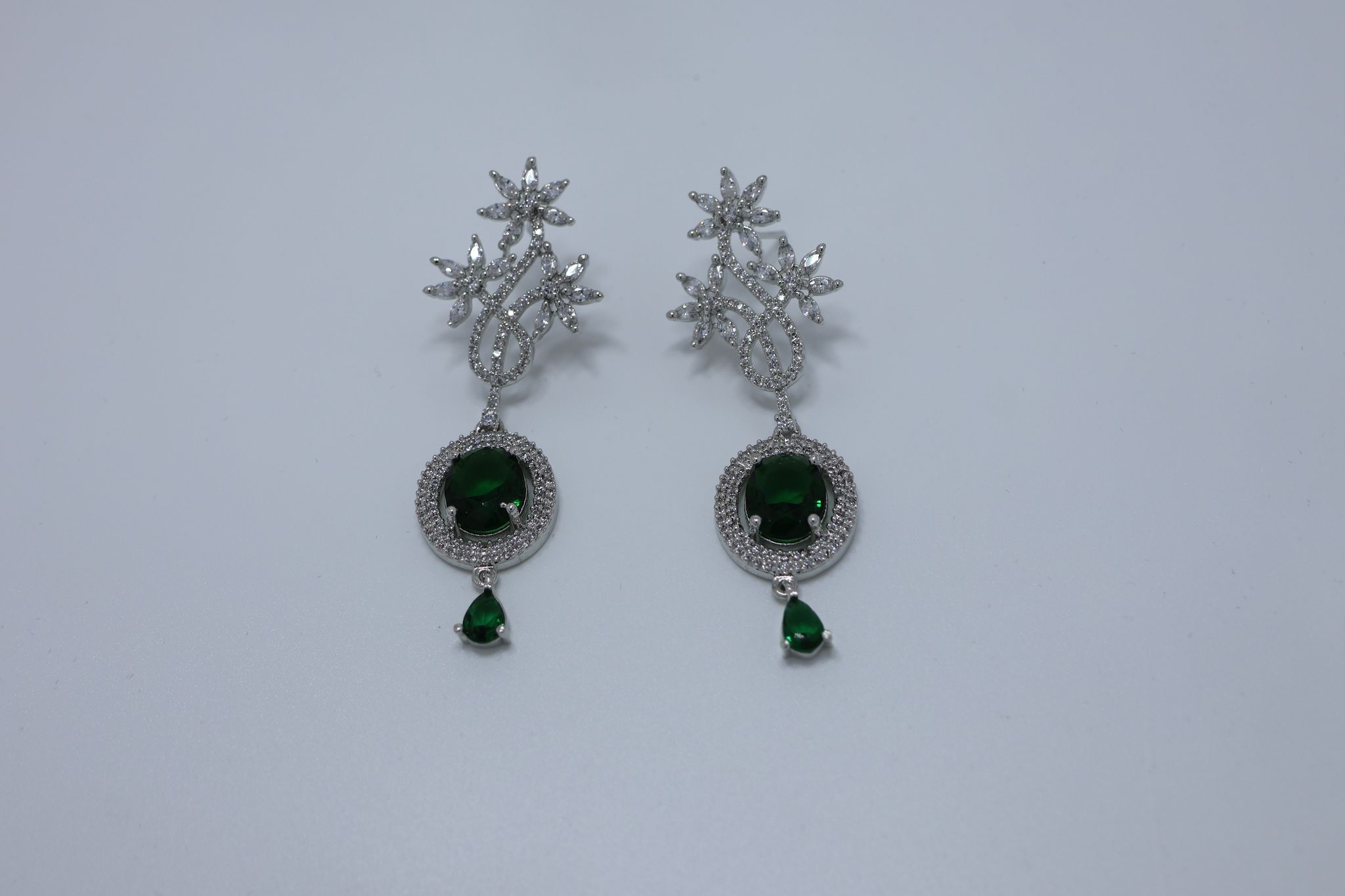Rhodium Plated Green Stone Floral Dangle Earrings with Cubic Zirconia view 2