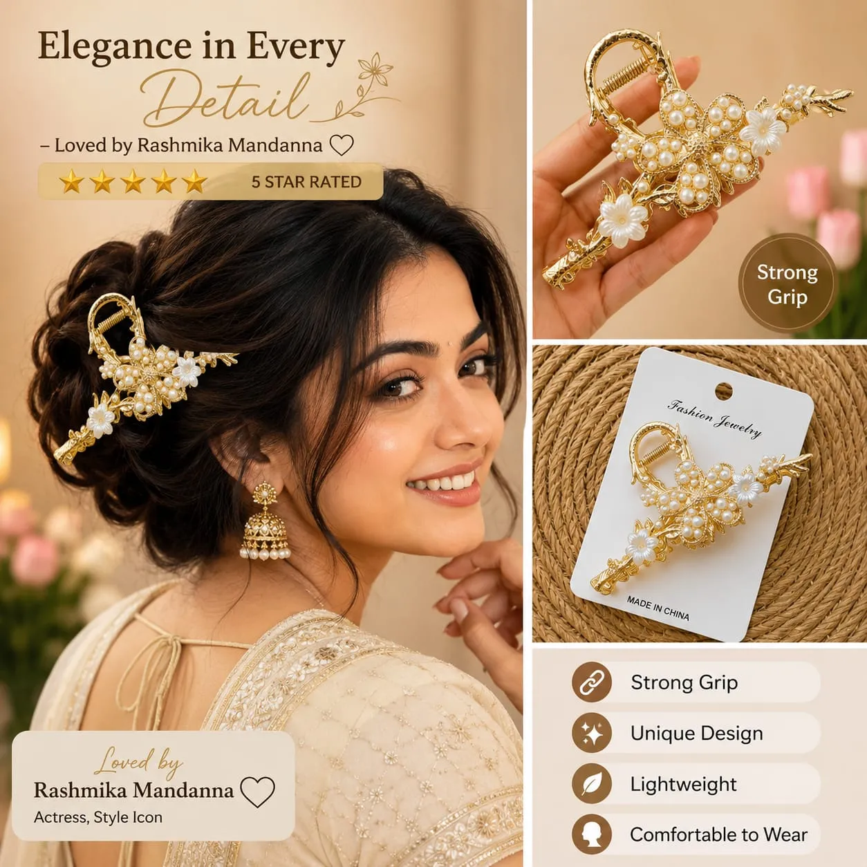Gold Tone Pearl Flower Hair Clip | Luxury Hair Claw for Women & Girls