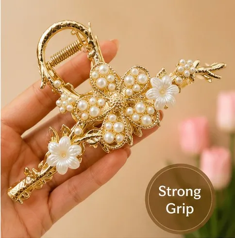 Gold Tone Pearl Flower Hair Clip | Luxury Hair Claw for Women & Girls view 2