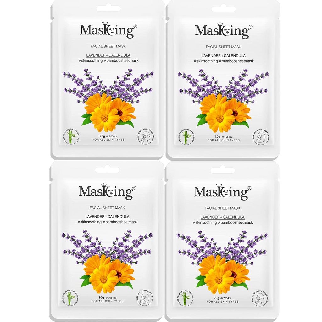 MasKing Bamboo Facial Sheet Mask of Lavender & Calendula for Skin Soothing Ideal for Women & Men, 20ml each (Pack of 4)