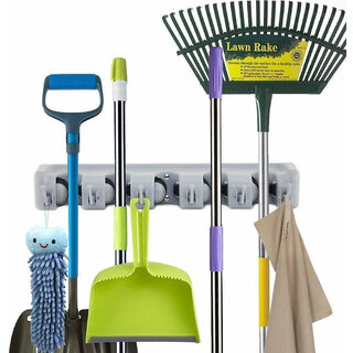 Silver Plastic 5-Holder Broom & Mop Storage Rack Durable Wall-Mounted Cleaning Tool Organizer view 2