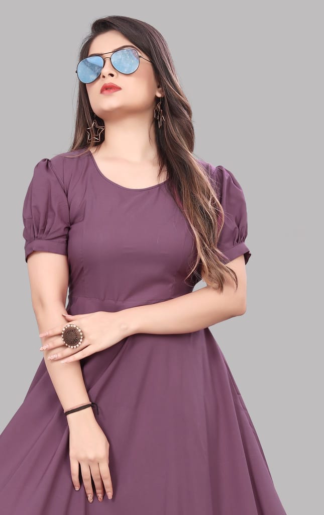 Women's Stylish Mauve Rayon A-Line Dress with Puff Sleeves