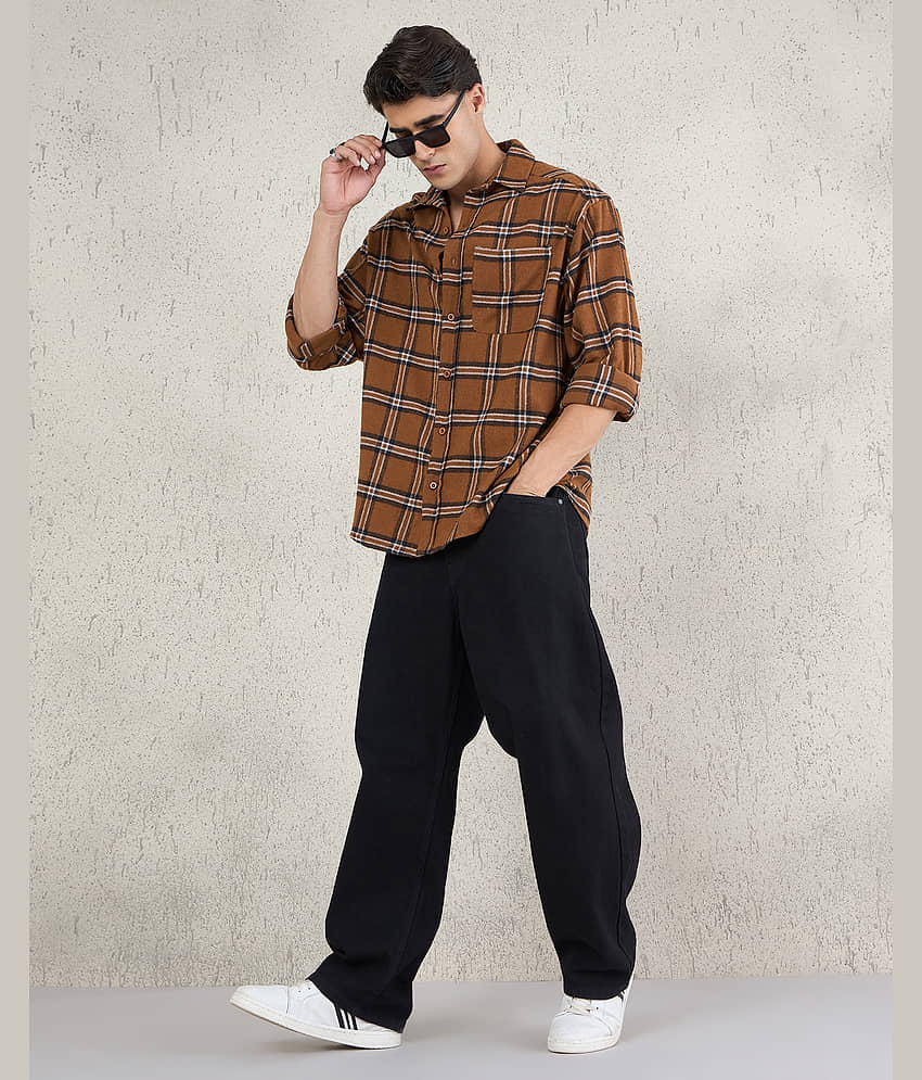 Chimpaaanzee Flannel Oversized Fit Checks Full Sleeves Men's Casual Shirt - Brown ( Pack of 1 ) view 2