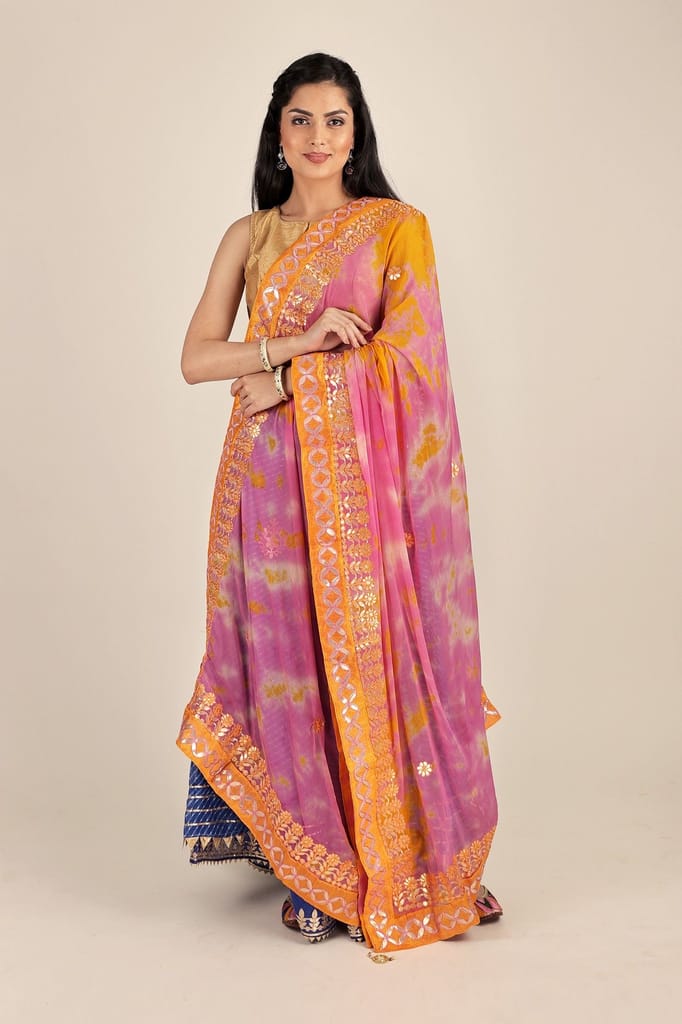 Violet Tie & Dye Pattern Digital Print Bemberg Chiffon Extra-Wide Dupatta With Tassels view 2