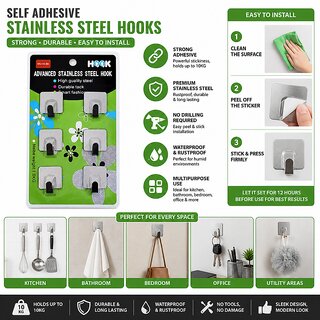 (Pack of 6) Self Adhesive Stainless Steel Wall Hooks Heavy Duty Waterproof Sticky Hooks for Kitchen, Bathroom Home