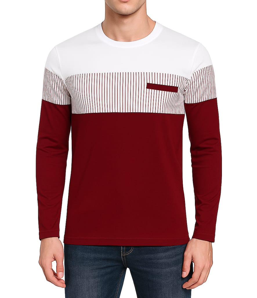 BASONTI Men's Color Block Long Sleeve T-Shirt - Maroon & White