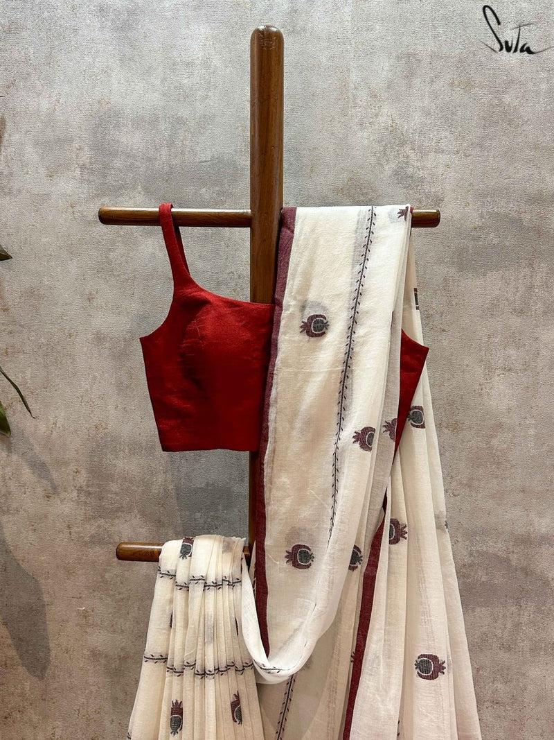 White & Red Cotton Saree by Divine Girls view 2