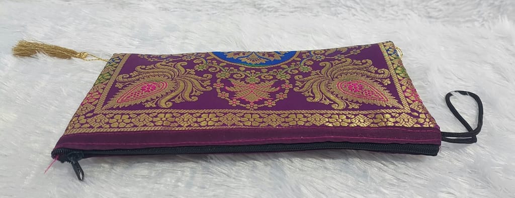 Ethnic Purple Brocade Zari Work Pouch with Tassels view 2