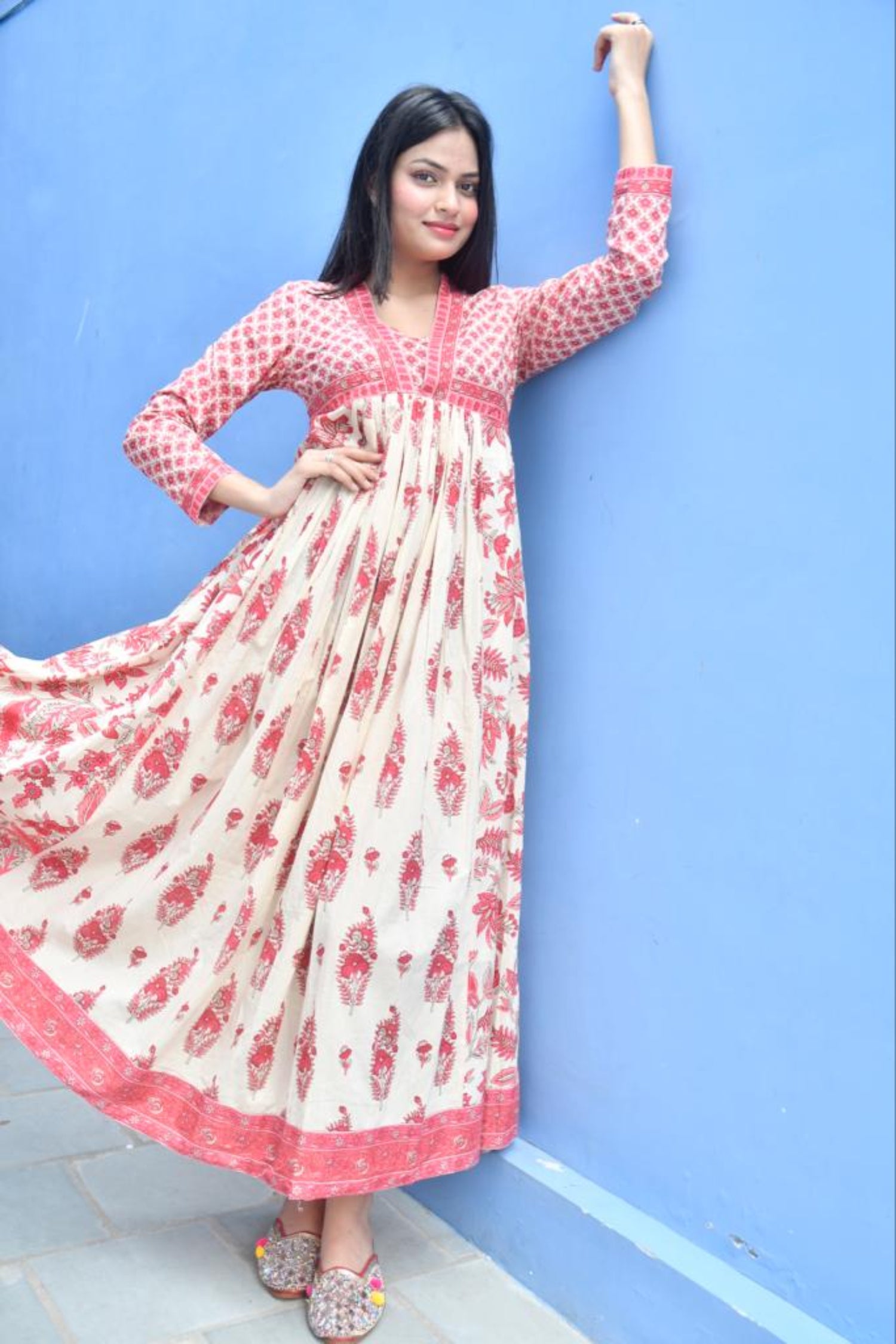 Cream Floral Anarkali Kurta Traditional Handblocked view 2
