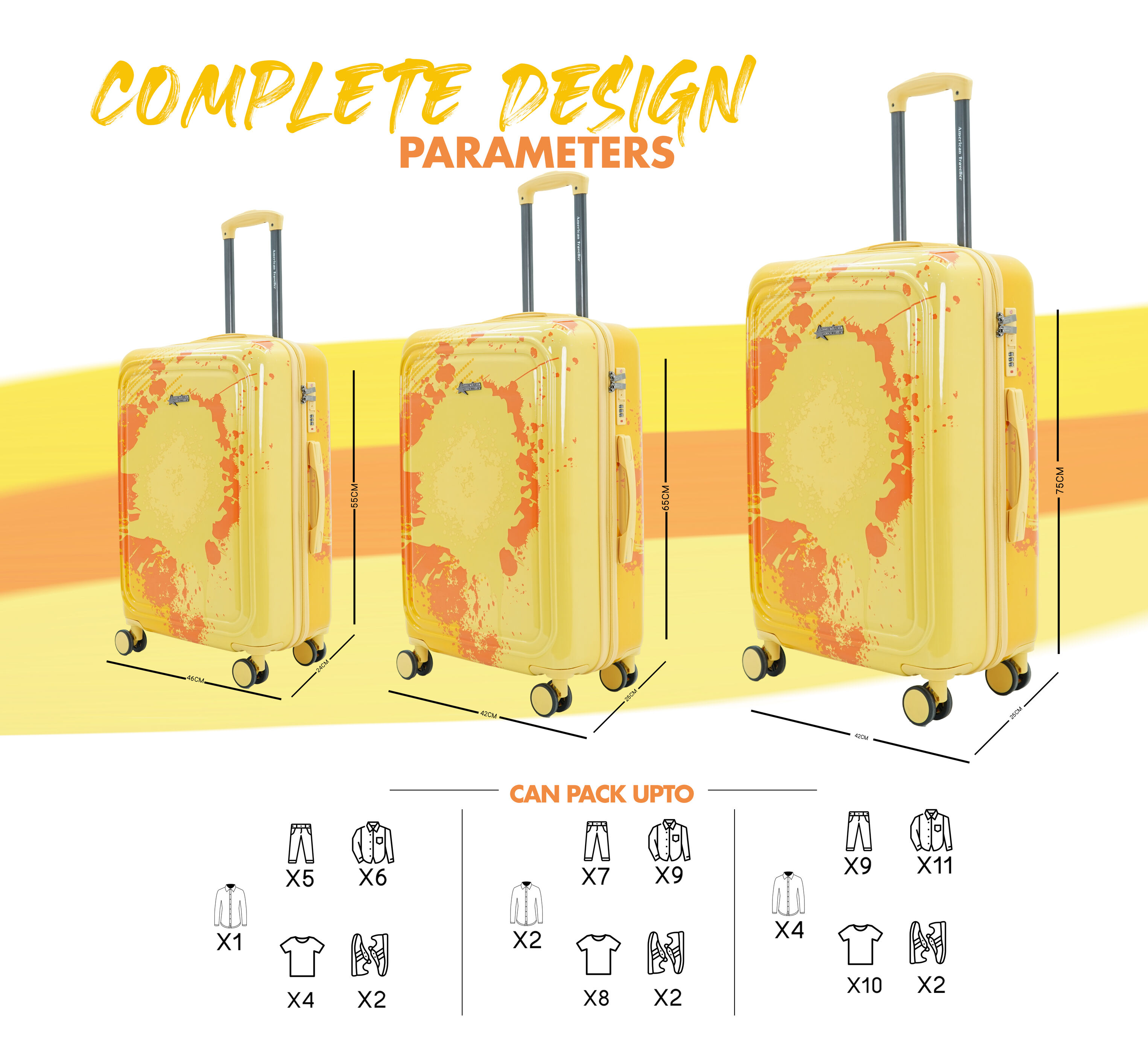 American Traveller TourisGlide Sport Luggage Trolley Bag Set of 3 (PC) Durable Hard Shell for Travel Suitcase with 360 Disk Wheels| TSA Type Lock| Heavy-Duty Lining| Football Splash (3, Yelllow) view 2