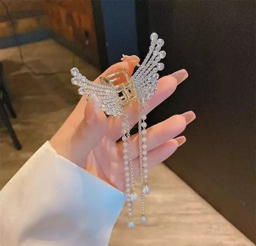 SBEAUTY Pearl Hair Accessories Butterfly Hair Clips | Wedding Claw Butterfly Hair Clutcher Metal Pearl Hair Clip | Stone Butterfly Women Hair Clutcher(PACK OF 1) view 2