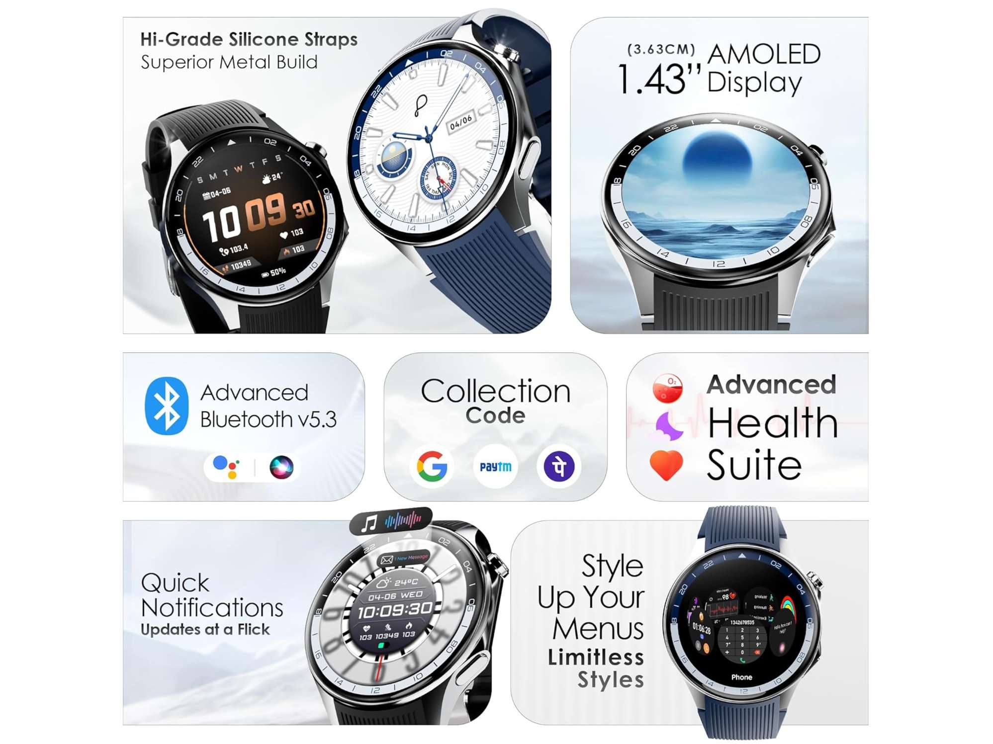 Pebble Gravity Smartwatch, 1.43 AMOLED, BT Calling, Quick Alerts, Compass, QR Payments, Health Suite & Premium Silicone Strap - Black view 2