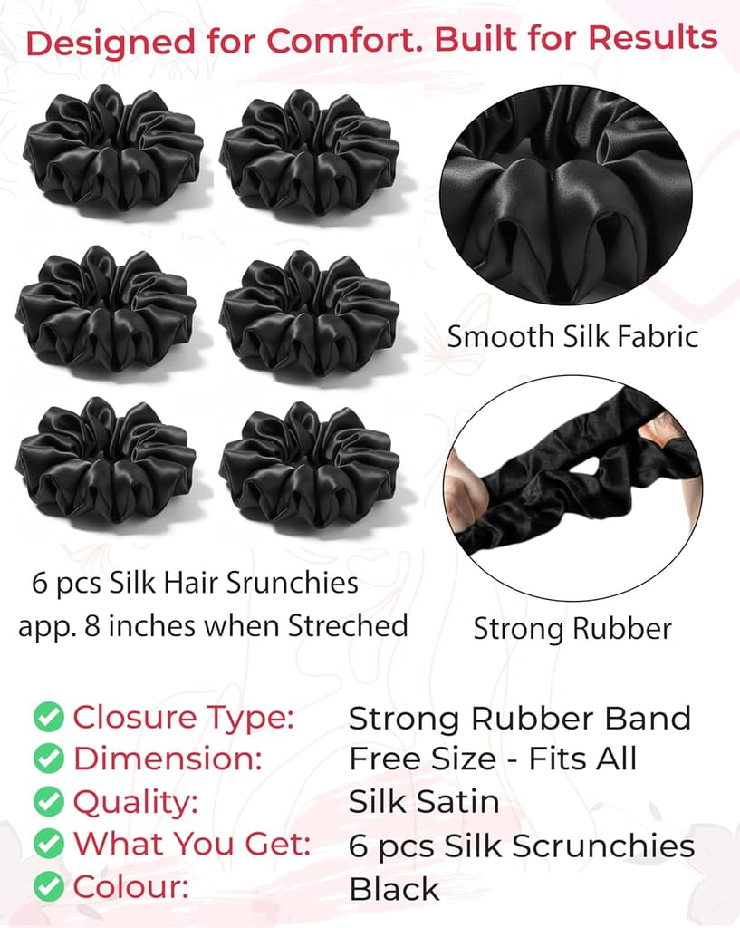 6 Pieces Black Silk Satin Scrunchies view 2