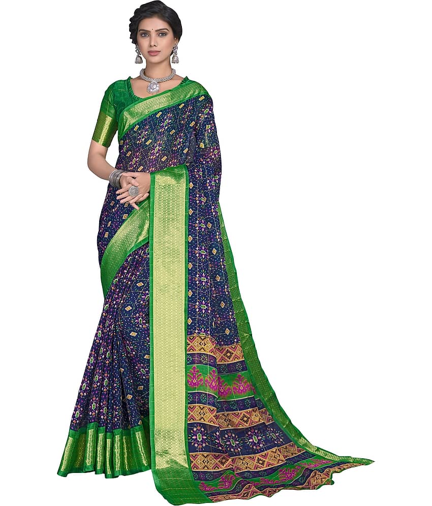 Sariya Organza Printed Saree With Unstitched Blouse Piece ( Navy Blue ) view 2
