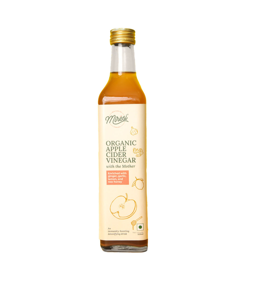 Miresi Natural & Organic Apple Cider Vinegar - With 2x Mother & Infused with Ginger, Garlic, Lemon & Raw Honey - Unfiltered & Unrefined - Supports Weight Loss, Promotes Skin Hydration, 500 ml