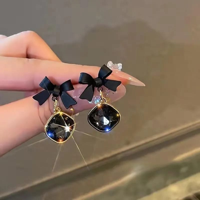 Chic Black Bow & Square Crystal Dangle Earrings for Women