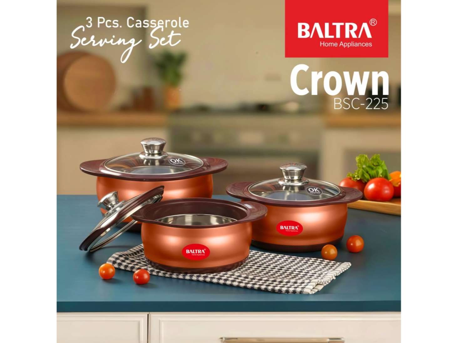 BALTRA Set of 3 Crown 1000+1500+2000ml Stainless Steel Serving Casserole Set Hot Pot Chapati Box view 2