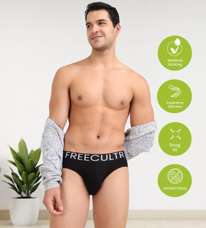 FREECULTR Men's Underwear Organic Cotton (Ultrasoft Waistband) Premium Snug-Fit Brief Pack of 1-Black view 2
