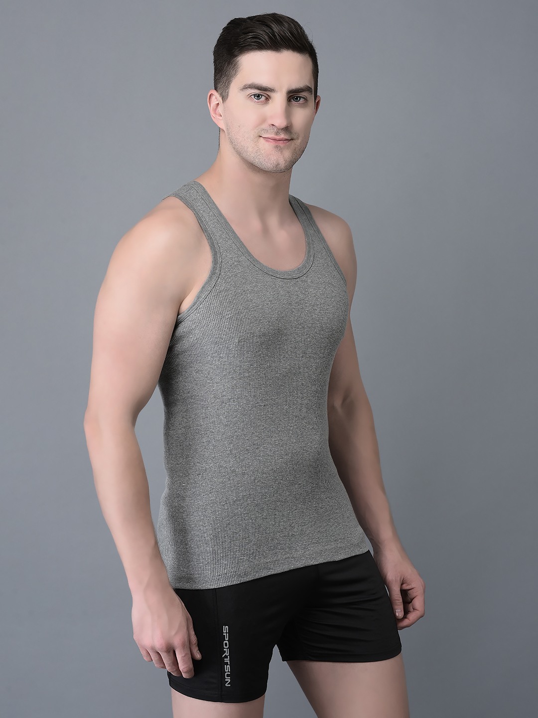 Men's Grey Pack of 10 Solid Combed Cotton Vest view 2