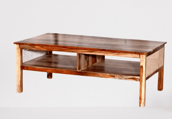 Jamani art craft; Wooden Centre Table for Living Room, Drawing Room & Office, Diamond Design Coffee Table with 4 Drawer & Shelf Storage, Sheesham Wood, Teak Finish