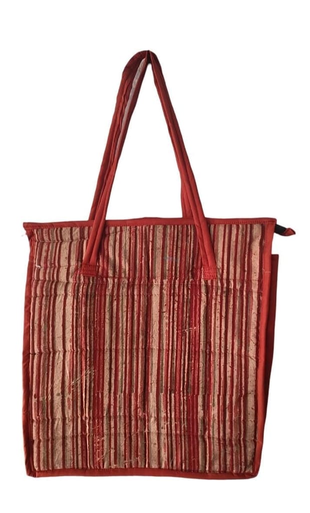 KALANKARI Handmade, Eco-friendly Cotton Tote Bag with Zipper Closure and Unique Striped Pattern in Red and Brown view 2