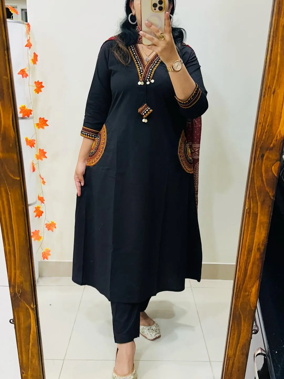Beautiful kurti pant dupatta set in Premium Cotton * with *Heavy Embroidery work in Neckline , pockets and sleeves with coins and attached tussels in yoke paired with Azrak Cotton dupatta
