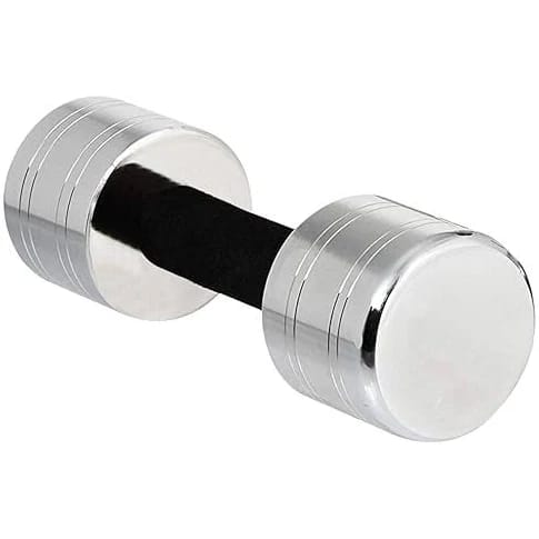 A pair of round metal hand weights with a black grip in the center. view 2