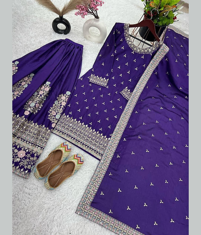 BHAGYASHRAY Chiffon Embellished Kurti With Sharara And Gharara Women's Stitched Salwar Suit - Purple ( Pack of 1 ) view 2